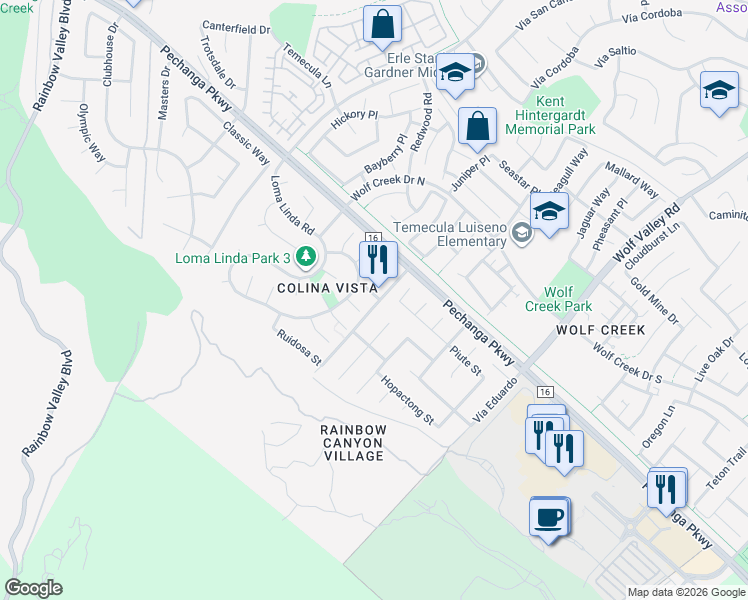 map of restaurants, bars, coffee shops, grocery stores, and more near 31247 Puas Drive in Temecula