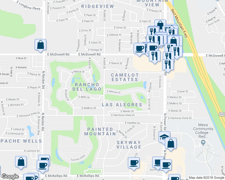 map of restaurants, bars, coffee shops, grocery stores, and more near 6434 East Melrose Street in Mesa