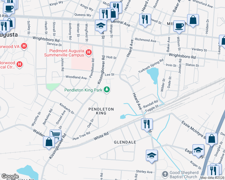 map of restaurants, bars, coffee shops, grocery stores, and more near 1512 Myrtle Lane in Augusta