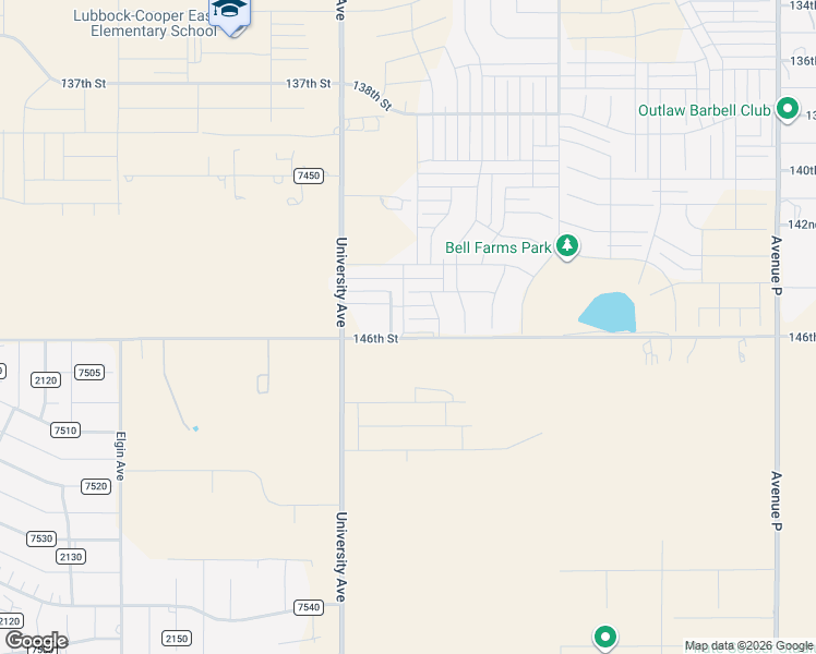 map of restaurants, bars, coffee shops, grocery stores, and more near 14417 Avenue X in Lubbock