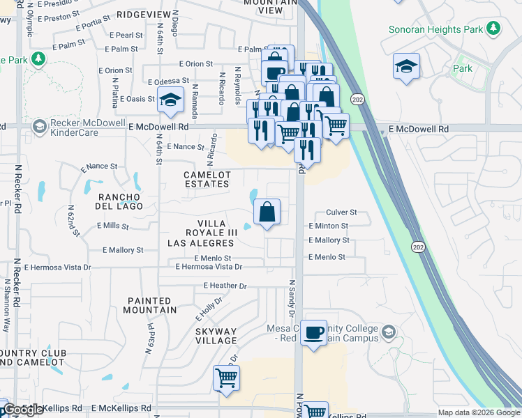 map of restaurants, bars, coffee shops, grocery stores, and more near 6650 East Melrose Street in Mesa