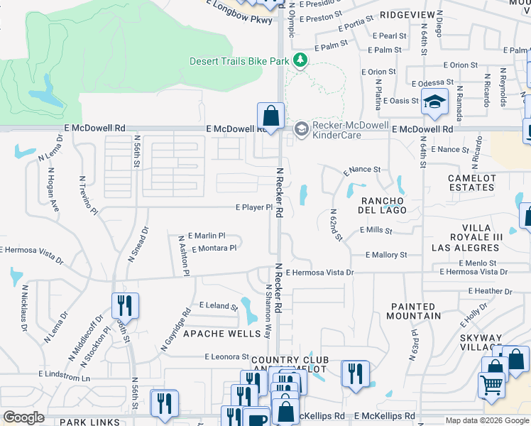 map of restaurants, bars, coffee shops, grocery stores, and more near 2536 North Barber Drive in Mesa