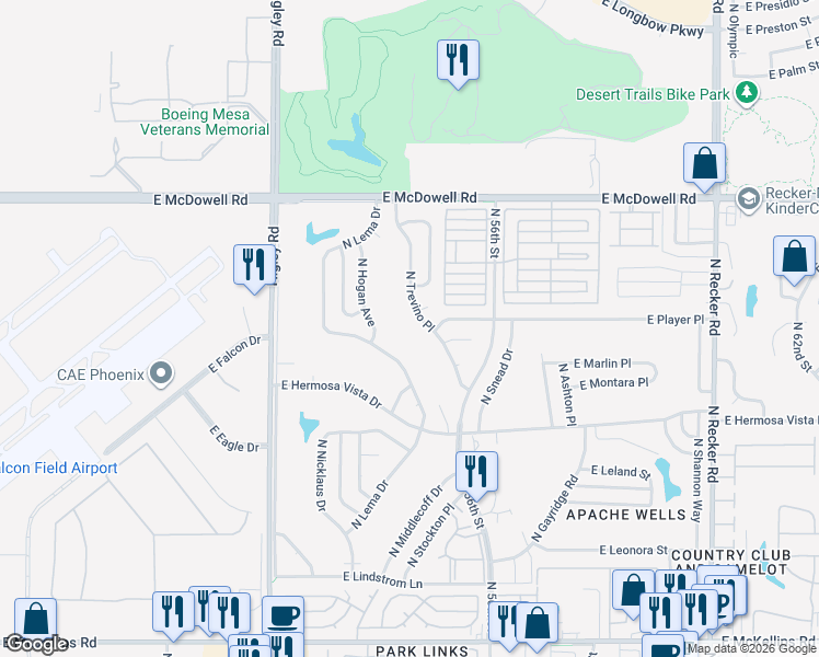 map of restaurants, bars, coffee shops, grocery stores, and more near 2541 North Hogan Avenue in Mesa
