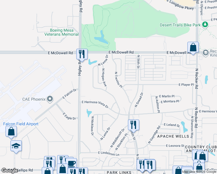 map of restaurants, bars, coffee shops, grocery stores, and more near 2541 North Hogan Avenue in Mesa