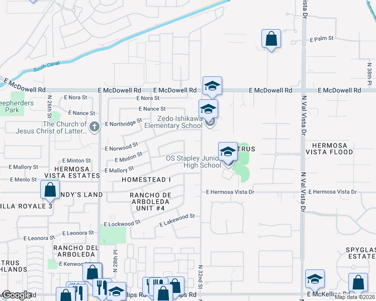 map of restaurants, bars, coffee shops, grocery stores, and more near 3116 East Mallory Street in Mesa