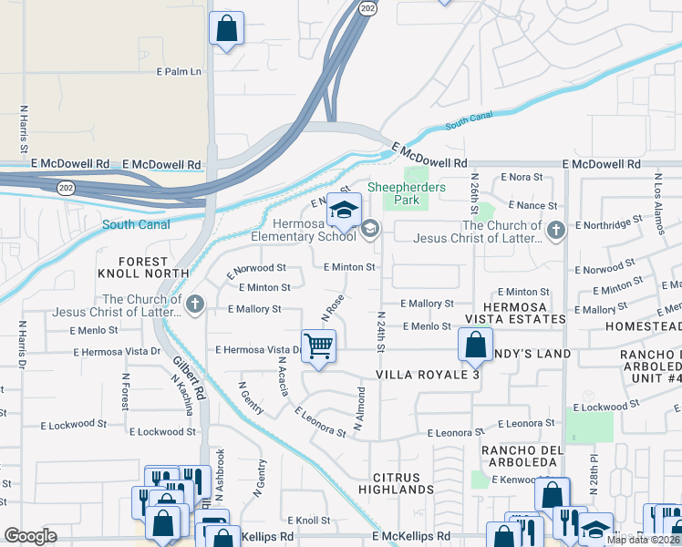 map of restaurants, bars, coffee shops, grocery stores, and more near 2261 East Minton Street in Mesa