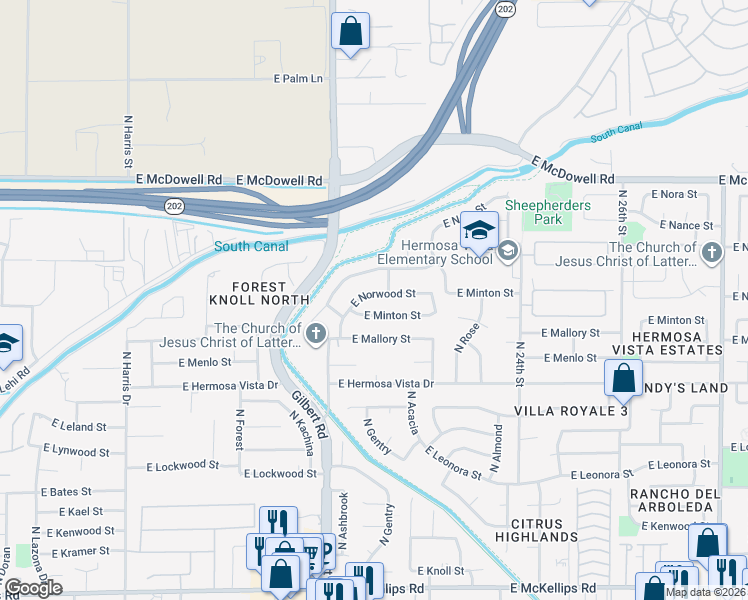map of restaurants, bars, coffee shops, grocery stores, and more near 2034 East Minton Street in Mesa