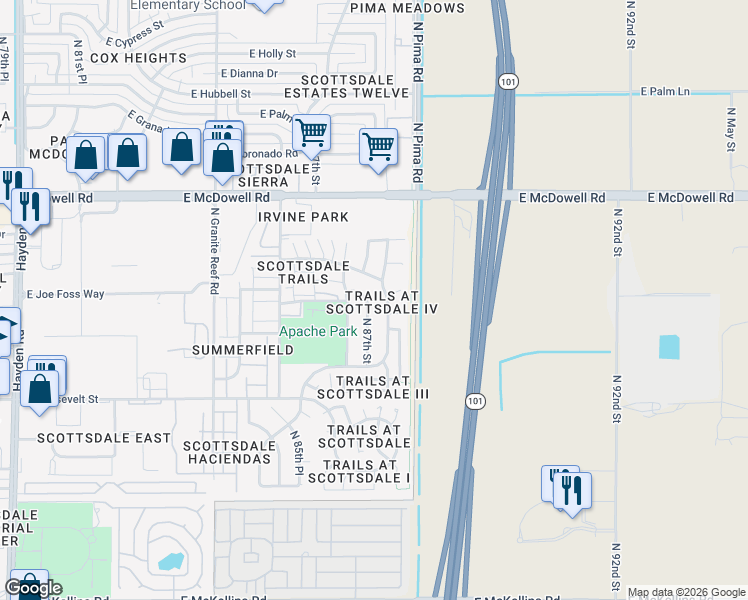 map of restaurants, bars, coffee shops, grocery stores, and more near 1190 North 87th Street in Scottsdale