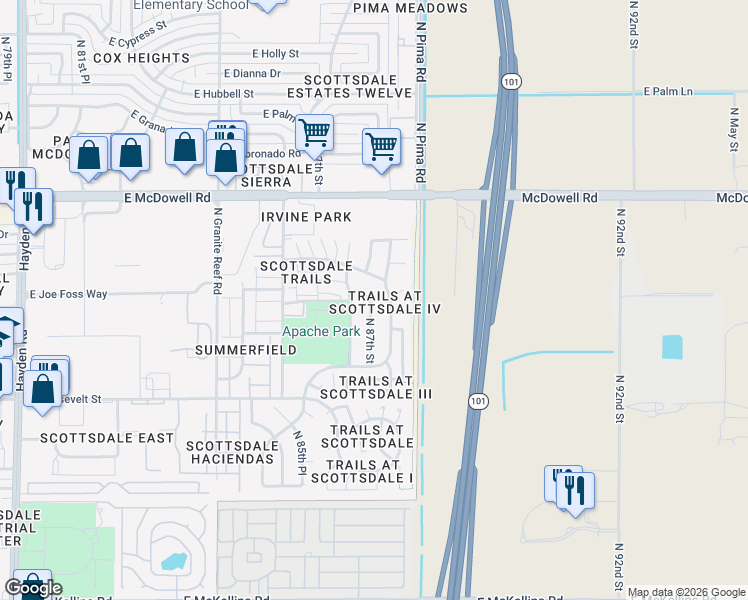 map of restaurants, bars, coffee shops, grocery stores, and more near 1190 North 87th Street in Scottsdale