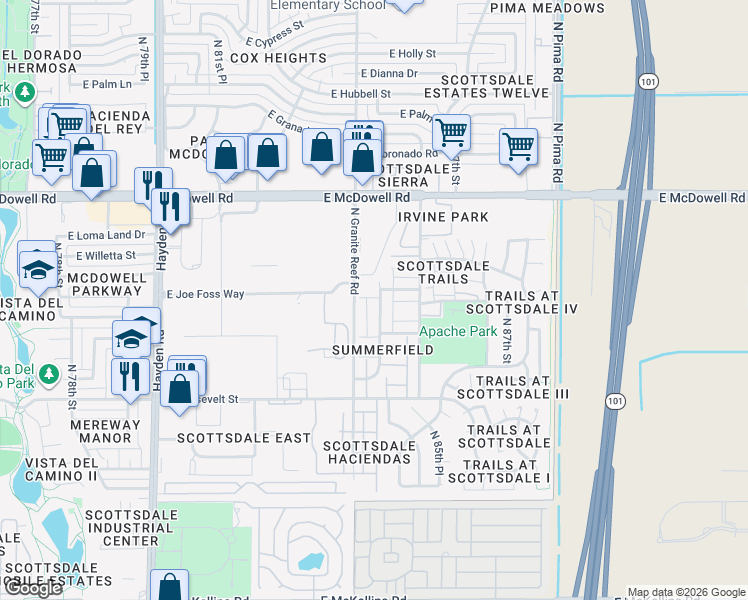map of restaurants, bars, coffee shops, grocery stores, and more near 1257 North Granite Reef Road in Scottsdale