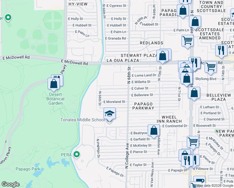 map of restaurants, bars, coffee shops, grocery stores, and more near 6726 East Belleview Street in Scottsdale