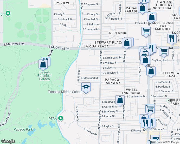 map of restaurants, bars, coffee shops, grocery stores, and more near 6638 East Belleview Street in Scottsdale