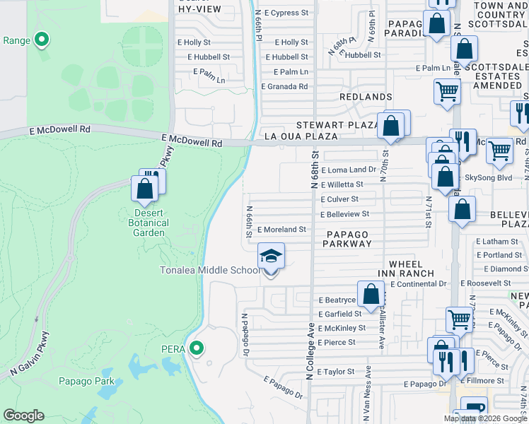 map of restaurants, bars, coffee shops, grocery stores, and more near 6638 East Belleview Street in Scottsdale
