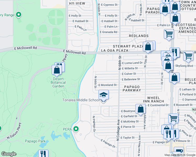 map of restaurants, bars, coffee shops, grocery stores, and more near 1302 North 66th Street in Scottsdale