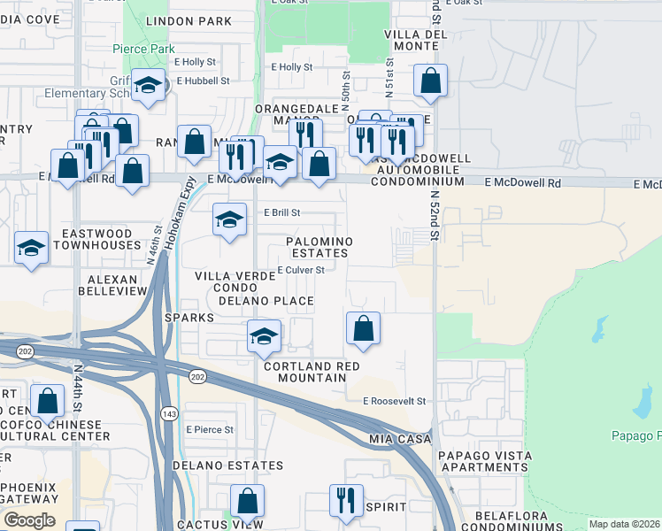 map of restaurants, bars, coffee shops, grocery stores, and more near 4926 East Culver Street in Phoenix