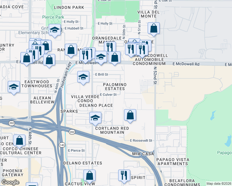 map of restaurants, bars, coffee shops, grocery stores, and more near 4926 East Culver Street in Phoenix