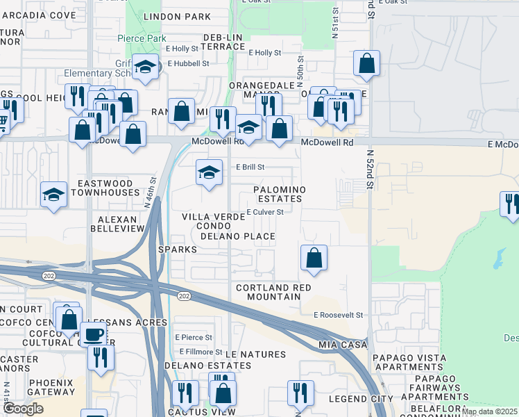 map of restaurants, bars, coffee shops, grocery stores, and more near 4900 East Culver Street in Phoenix