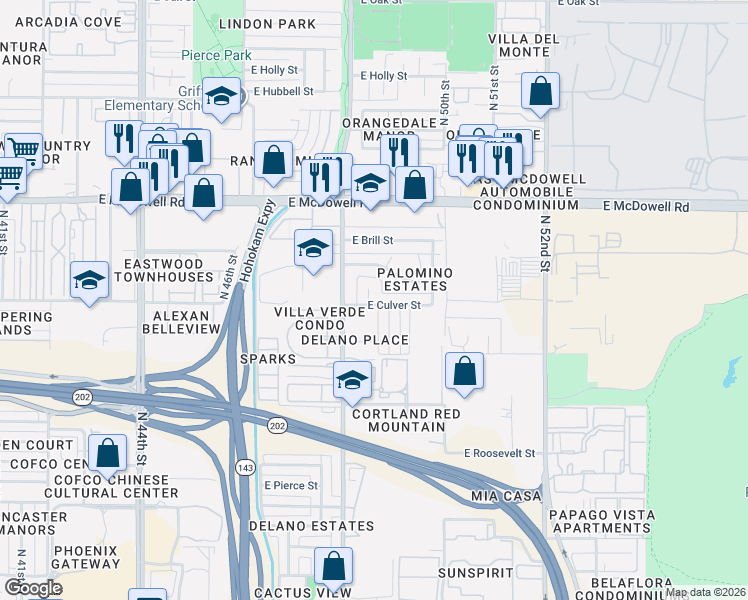 map of restaurants, bars, coffee shops, grocery stores, and more near 4900 East Culver Street in Phoenix