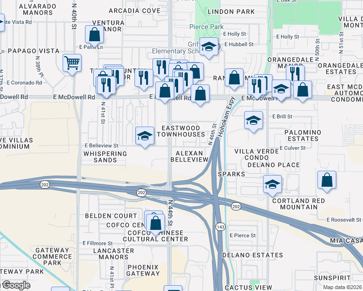 map of restaurants, bars, coffee shops, grocery stores, and more near 4454 East Belleview Street in Phoenix