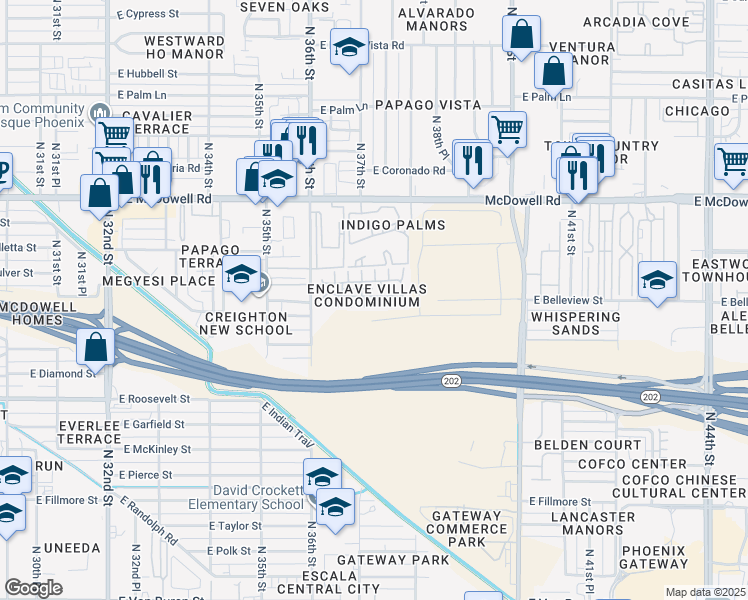 map of restaurants, bars, coffee shops, grocery stores, and more near 1225 North 36th Street in Phoenix