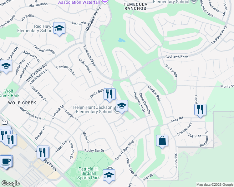 map of restaurants, bars, coffee shops, grocery stores, and more near 45870 Paseo Gallante in Temecula