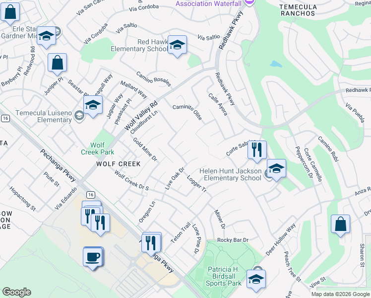 map of restaurants, bars, coffee shops, grocery stores, and more near 32102 Elk Grove Court in Temecula