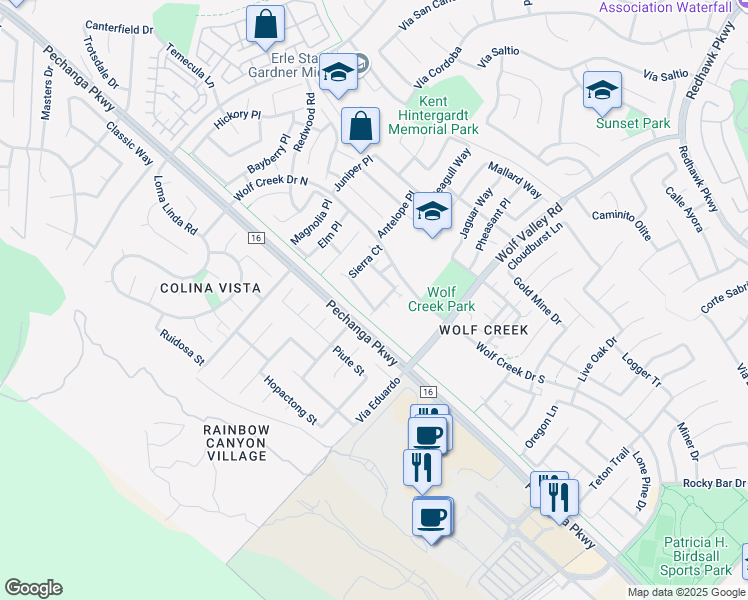 map of restaurants, bars, coffee shops, grocery stores, and more near 31589 Six Rivers Court in Temecula