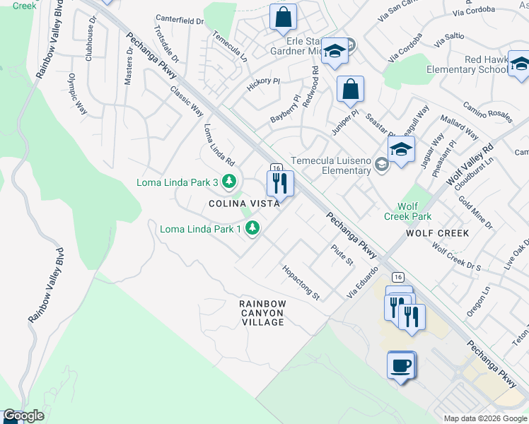 map of restaurants, bars, coffee shops, grocery stores, and more near 30660 East Loma Linda Road in Temecula