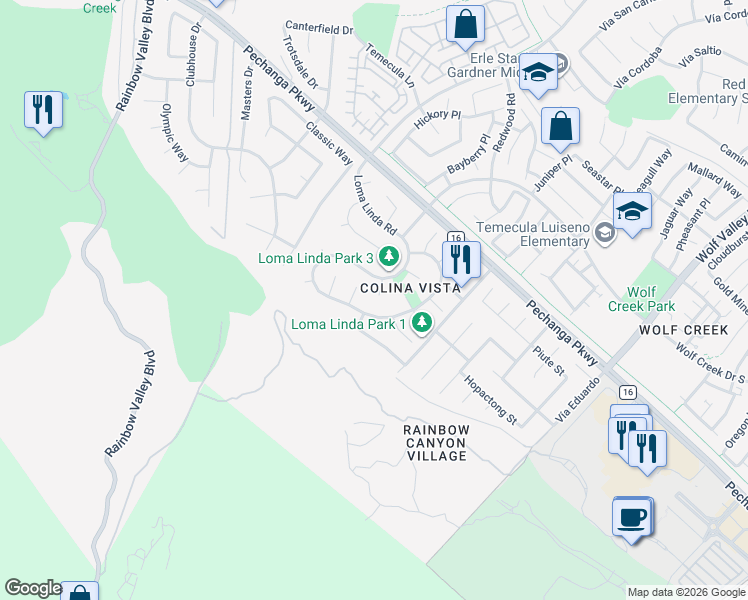 map of restaurants, bars, coffee shops, grocery stores, and more near 45358 Tesiben Court in Temecula