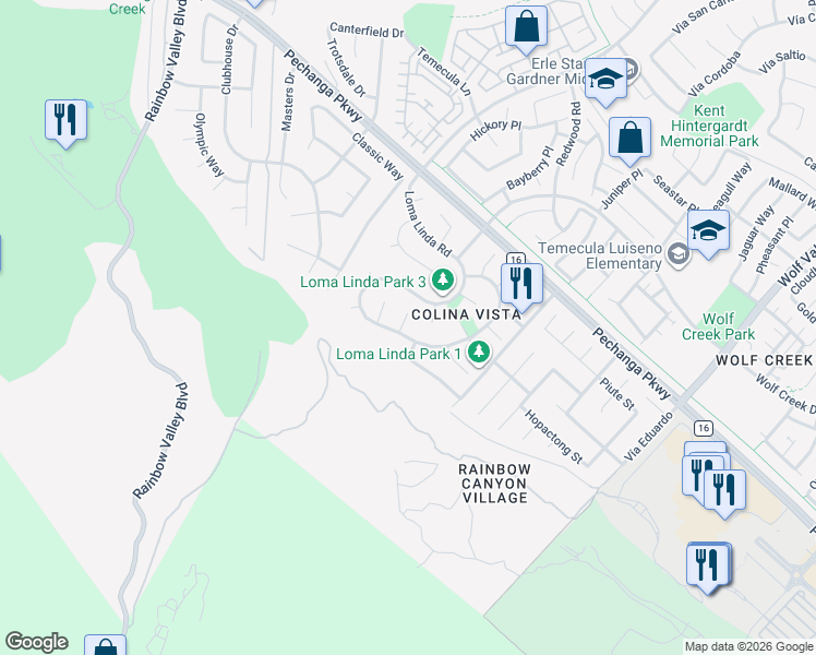 map of restaurants, bars, coffee shops, grocery stores, and more near 45372 Tejon Court in Temecula