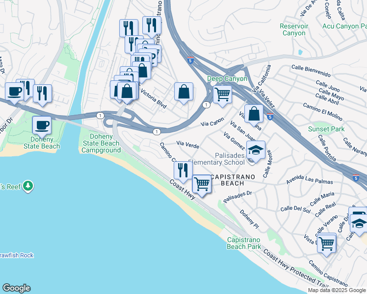 map of restaurants, bars, coffee shops, grocery stores, and more near 34502 Via Catalina in Dana Point