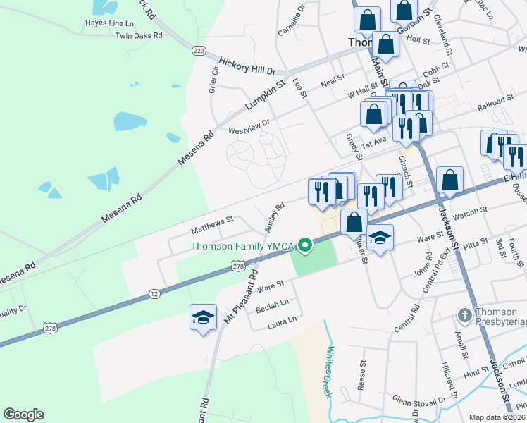 map of restaurants, bars, coffee shops, grocery stores, and more near 200 Ansley Road in Thomson