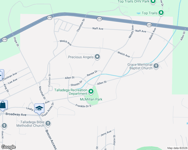 map of restaurants, bars, coffee shops, grocery stores, and more near 111 Renee Drive in Talladega