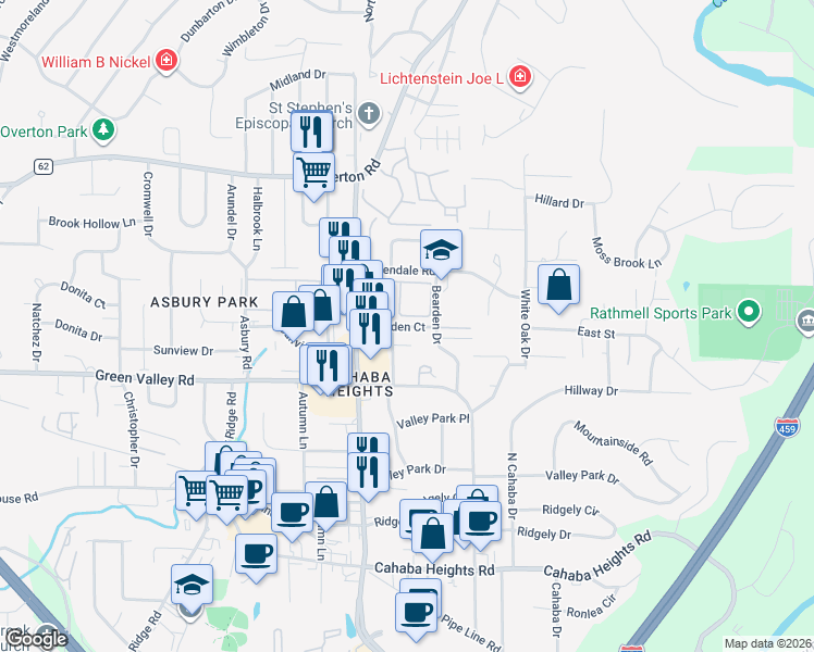 map of restaurants, bars, coffee shops, grocery stores, and more near 3241 Bearden Court in Vestavia Hills