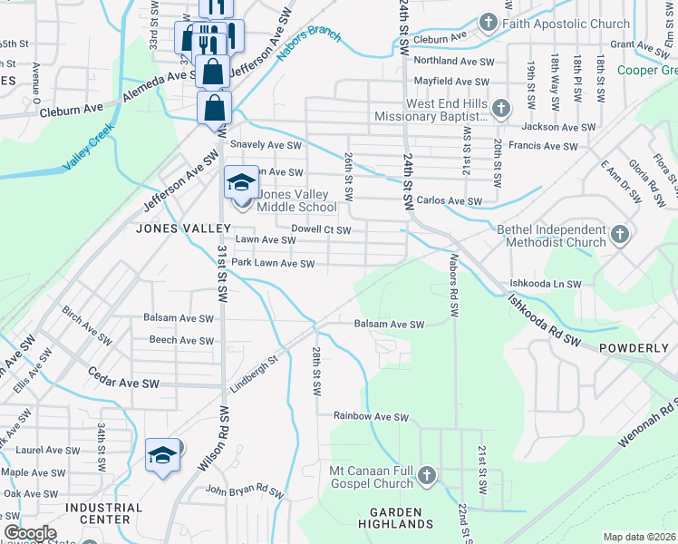 map of restaurants, bars, coffee shops, grocery stores, and more near 2517 Park Lawn Avenue Southwest in Birmingham
