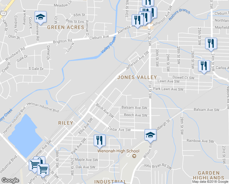 map of restaurants, bars, coffee shops, grocery stores, and more near 3308 Park Avenue Southwest in Birmingham