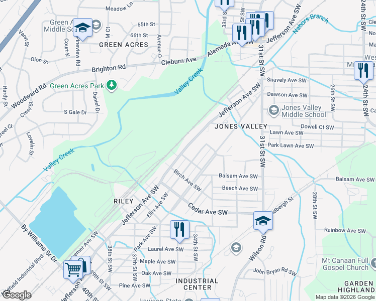 map of restaurants, bars, coffee shops, grocery stores, and more near 3355 Jefferson Avenue Southwest in Birmingham