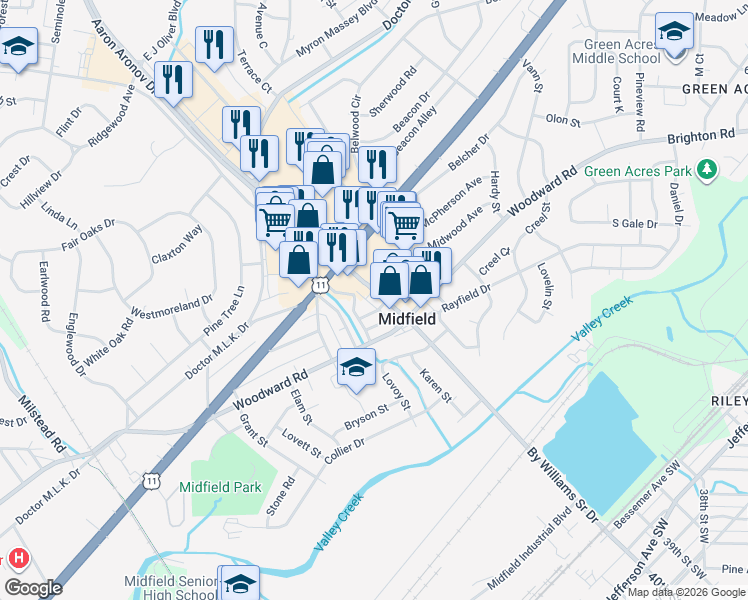 map of restaurants, bars, coffee shops, grocery stores, and more near 218 By Williams Sr Drive in Birmingham