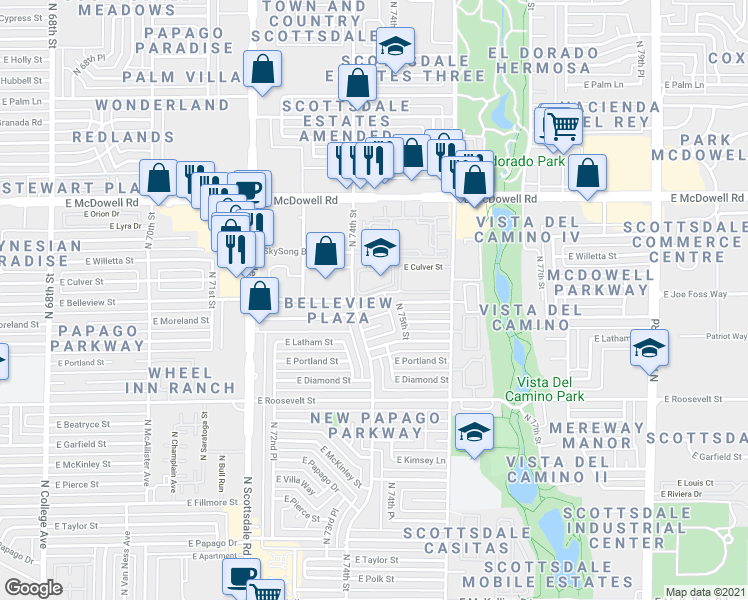 map of restaurants, bars, coffee shops, grocery stores, and more near 7420 East Belleview Street in Scottsdale