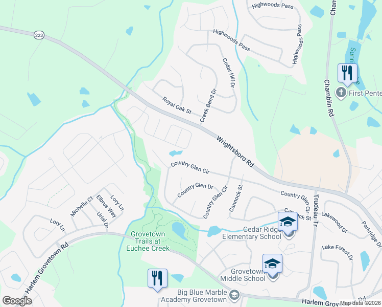 map of restaurants, bars, coffee shops, grocery stores, and more near 1154 Fawn Forest Road in Grovetown