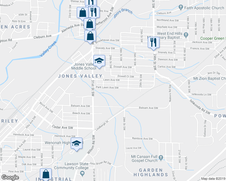 map of restaurants, bars, coffee shops, grocery stores, and more near 2805 Park Lawn Avenue Southwest in Birmingham