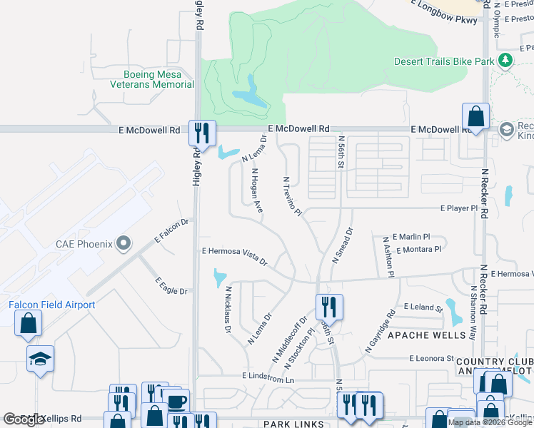 map of restaurants, bars, coffee shops, grocery stores, and more near 2541 North Hogan Avenue in Mesa