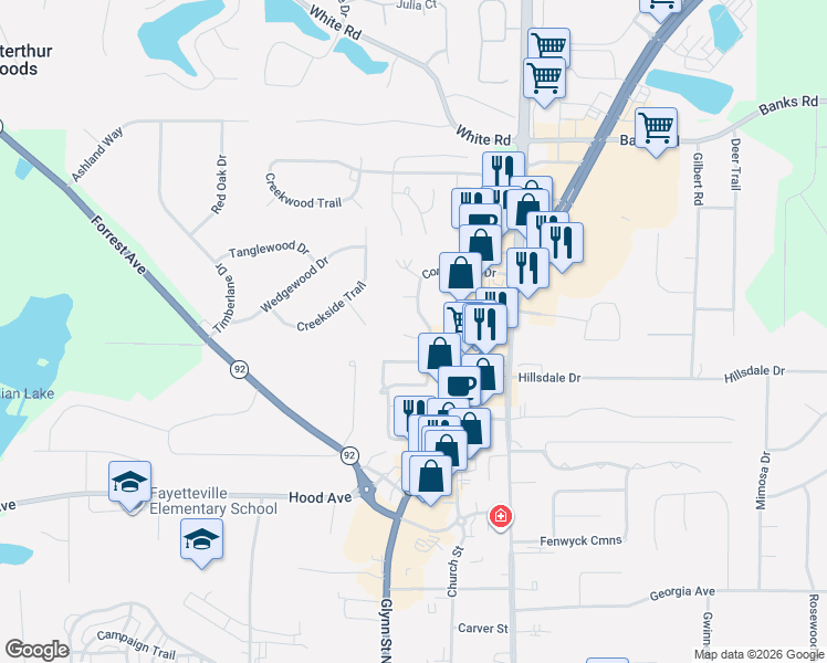 map of restaurants, bars, coffee shops, grocery stores, and more near 155 Kaylee Court in Fayetteville
