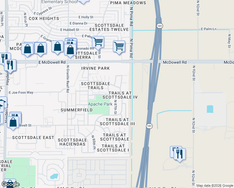 map of restaurants, bars, coffee shops, grocery stores, and more near 1190 North 87th Street in Scottsdale