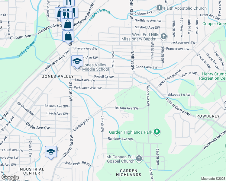 map of restaurants, bars, coffee shops, grocery stores, and more near 2517 Park Lawn Avenue Southwest in Birmingham