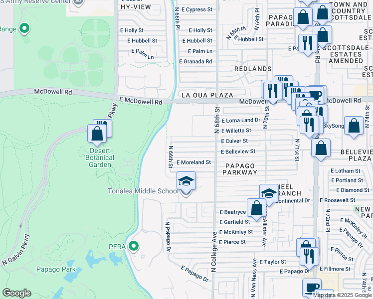 map of restaurants, bars, coffee shops, grocery stores, and more near 6638 East Belleview Street in Scottsdale