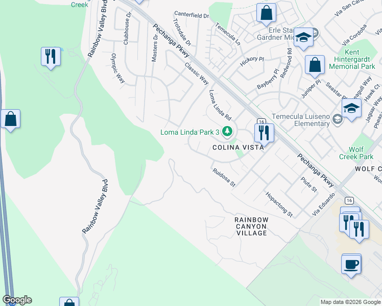 map of restaurants, bars, coffee shops, grocery stores, and more near 30755 East Loma Linda Road in Temecula