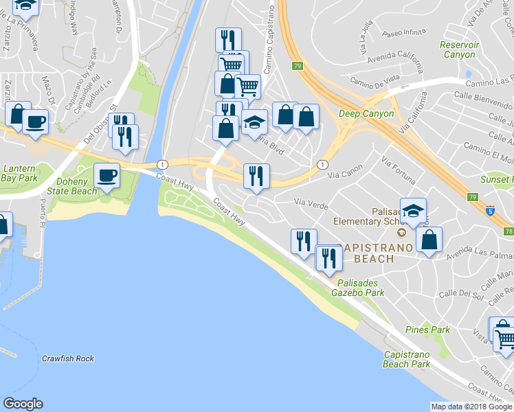 map of restaurants, bars, coffee shops, grocery stores, and more near 25946 West View Point in Dana Point