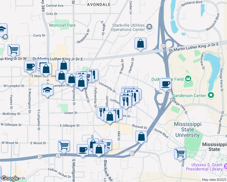 map of restaurants, bars, coffee shops, grocery stores, and more near 75 B. S. Hood Road in Mississippi State