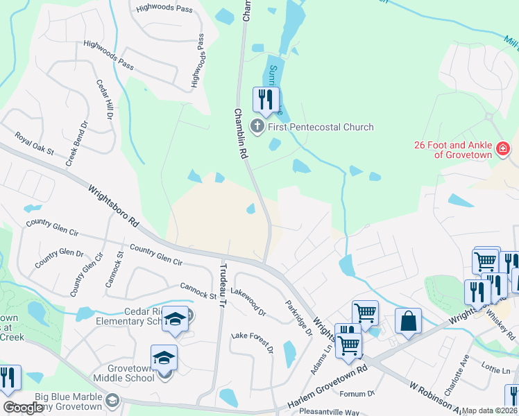 map of restaurants, bars, coffee shops, grocery stores, and more near 759 Chamblin Road in Grovetown